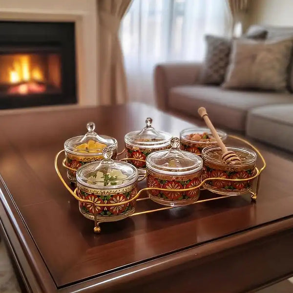 Set de 6 Bocaux de Luxe – Verre Orné et Support Métallique Doré